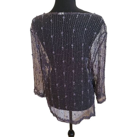 Womens Knit-Braid Perforated Gray Fishnet Top Large - Picture 4 of 9